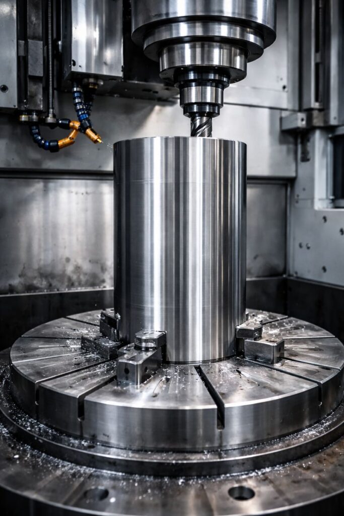 立式 CNC 車床實景：垂直主軸配置，圓形工作台夾持大型重工件進行精密車削