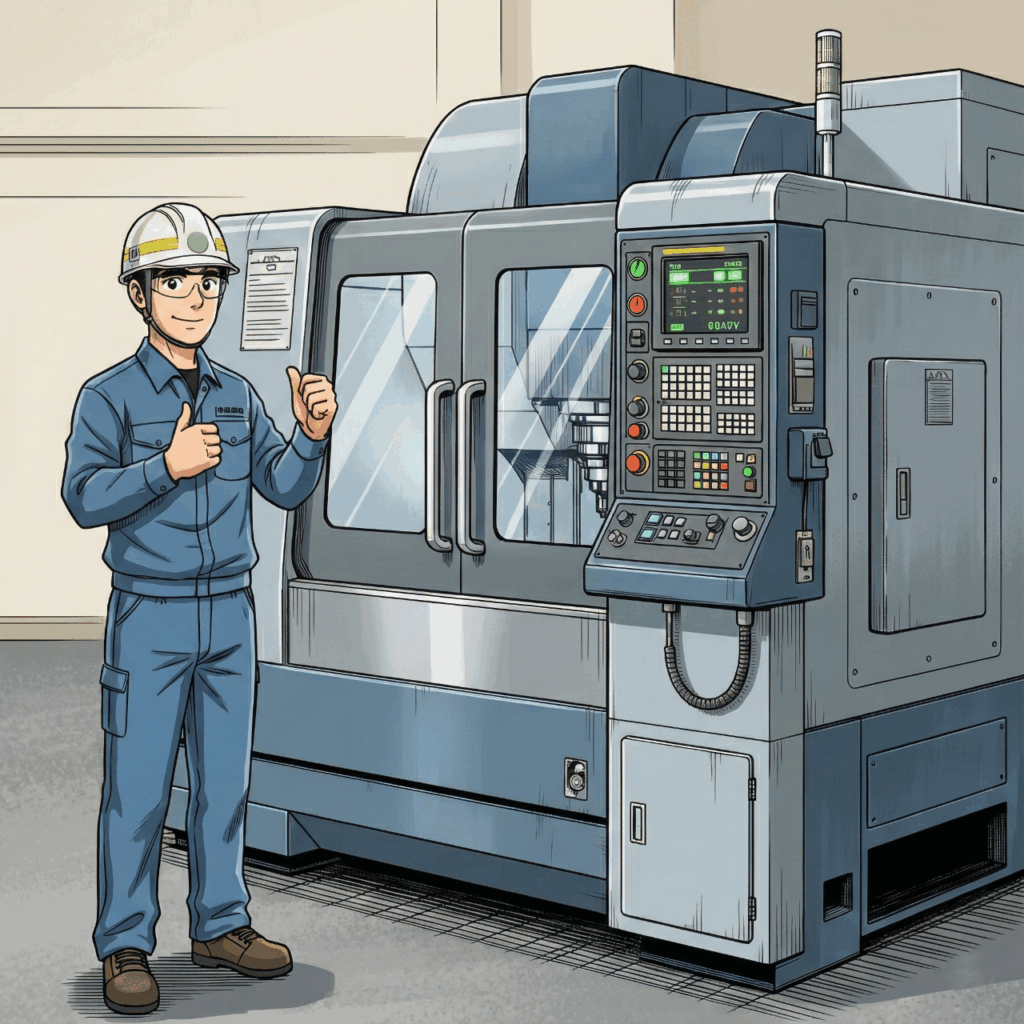 CNC車床安全操作示範：操作員穿著正確裝備站在CNC機台旁豎拇指，象徵安全操作通過確認