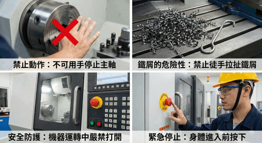 CNC車床作業中四大禁止守則圖示：禁止用手停主軸、禁止拉扯鐵屑、嚴禁打開防護門、進入前必按緊急停止