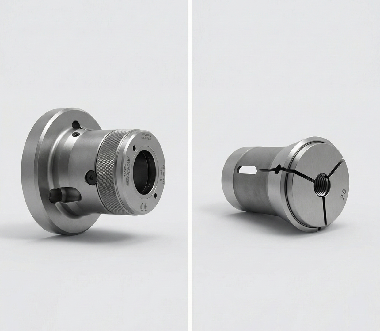 CNC車床彈性筒夾（Collet）實體照片，展示筒夾縱向開槽與錐度夾持結構