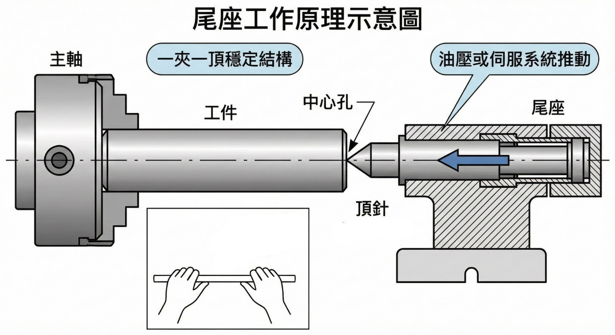 CNC車床尾座心軸（Quill）結構示意圖，展示頂針伸出頂住工件的一夾一頂加工原理